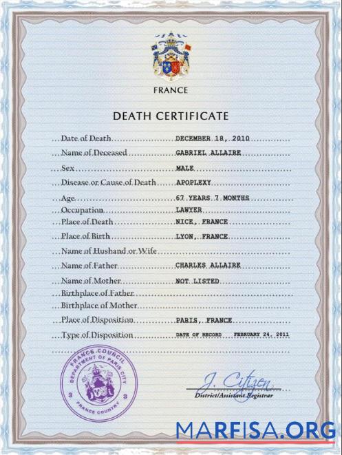 Blank France vital record death certificate PSD template